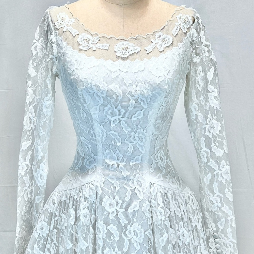 VINTAGE MCM 50s mid century lace wedding dress gown full long sleeve floral - Picture 5 of 16